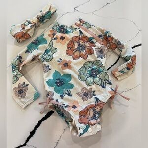 Jessica Simpson Floral Long-Sleeve Infant Swimsuit with Headband